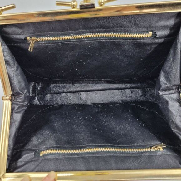 Vintage 60's Handbag Top Handle Vegan Framed Clasp Closure Midnight Blue Gold - Picture 4 of 13